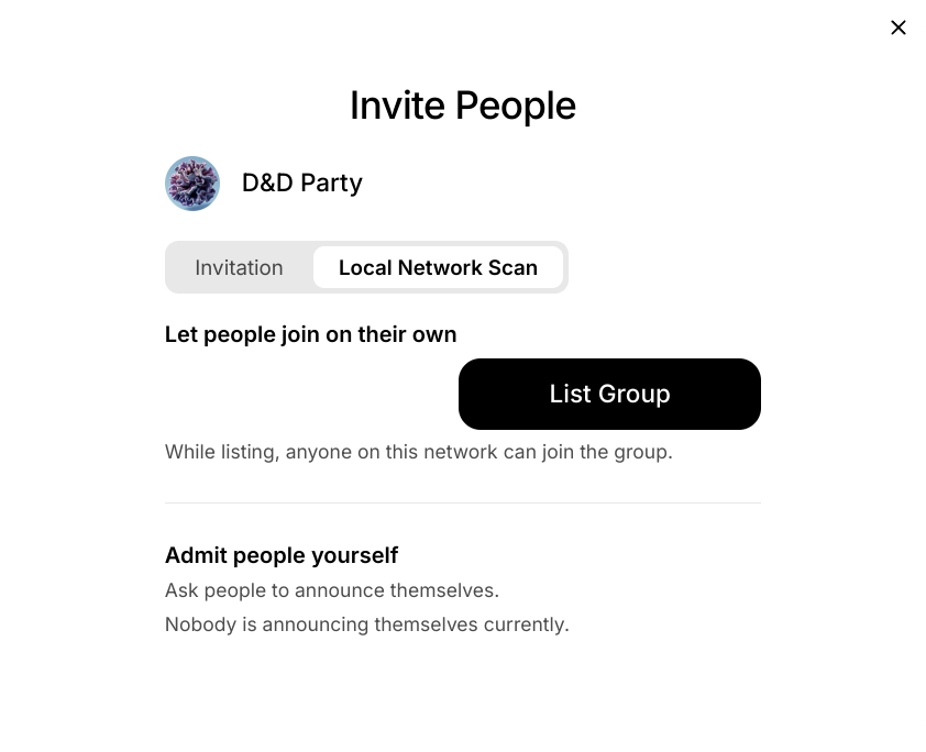The Invite People dialog on the Local Network Scan tab, with a List Group button and an Admit people yourself section