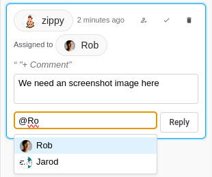 A comment card assigned to Rob, with a reply being typed that starts with an at sign and a pop-up list of group members to pick from
