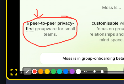 A shared screen in Presence with a red freehand circle and arrow drawn around a phrase, and the drawing tool strip along the bottom: pen toggle, eight colors, undo, clear mine, clear all