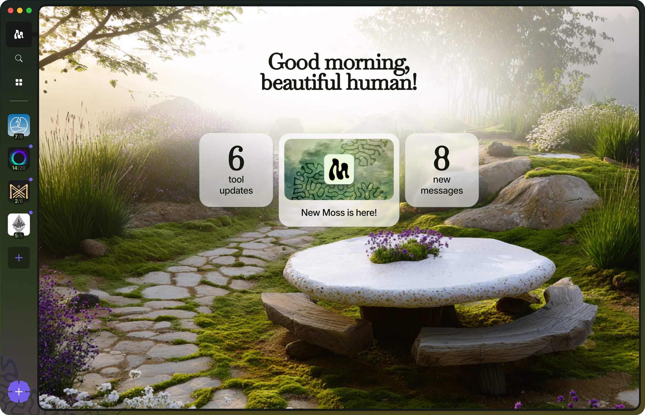 Moss Dashboard - A collaborative workspace showing active participants and tools