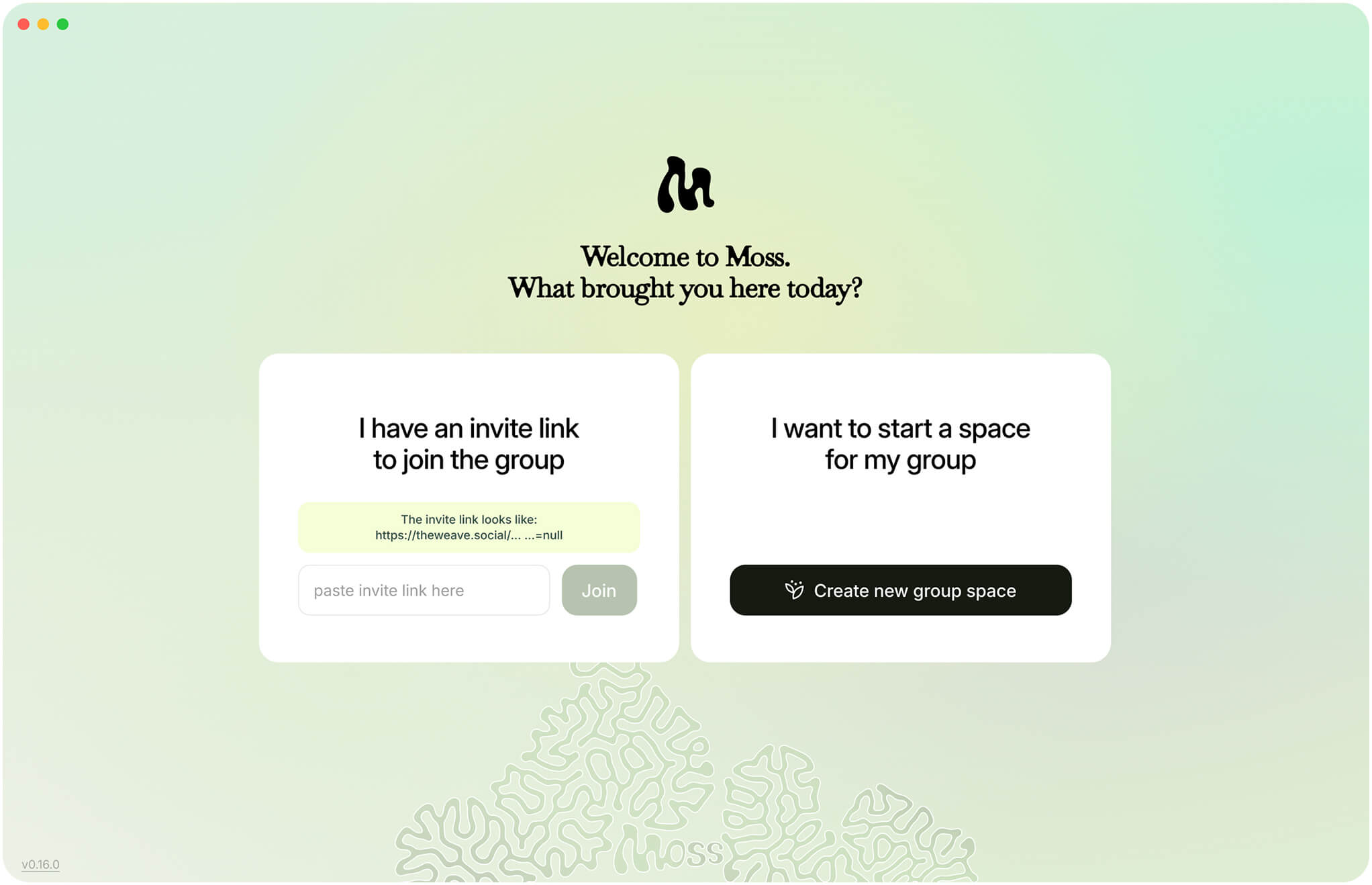 Welcome to Moss - Initial setup screen