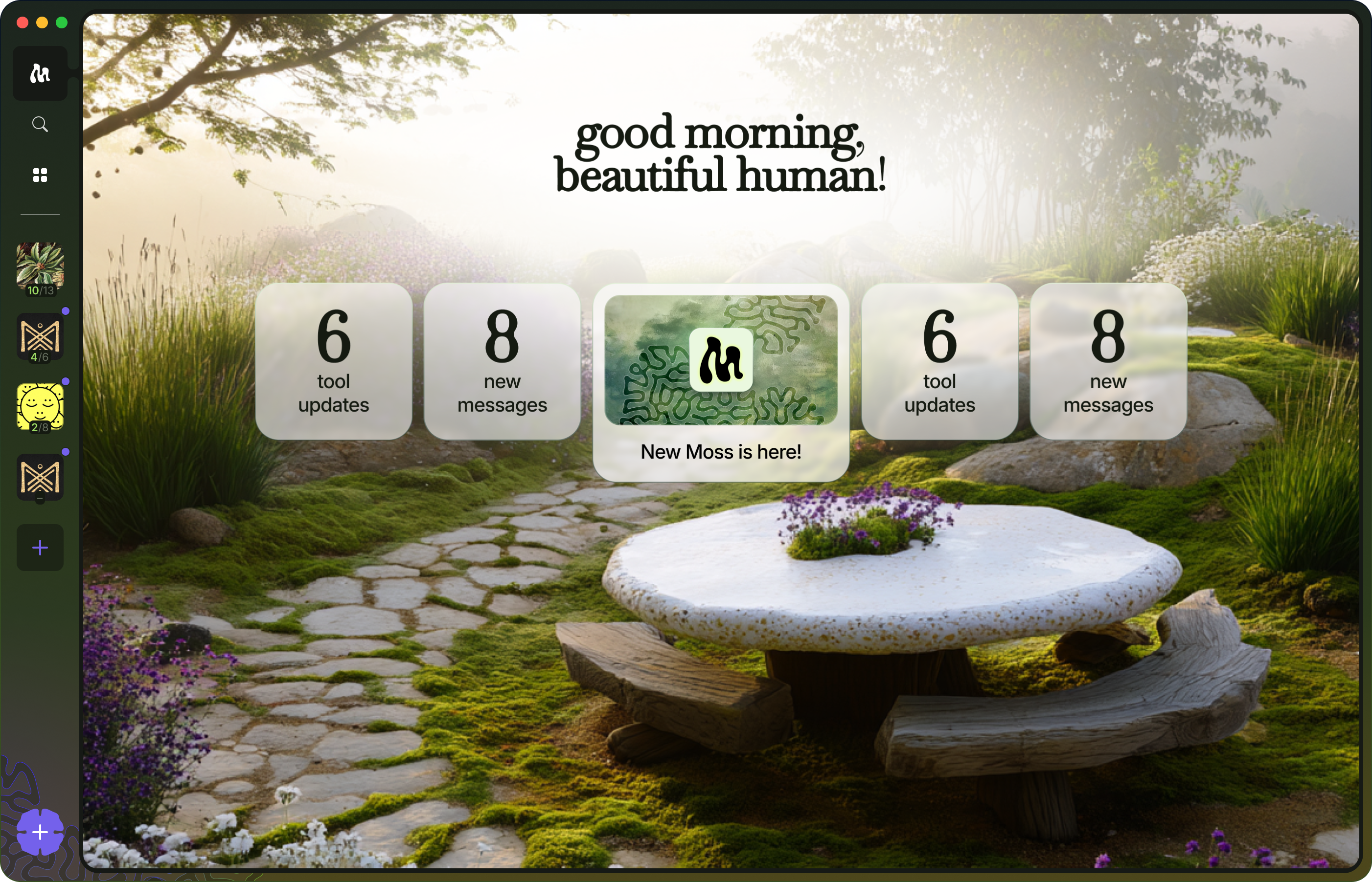 Moss Dashboard - A collaborative workspace showing active participants and tools